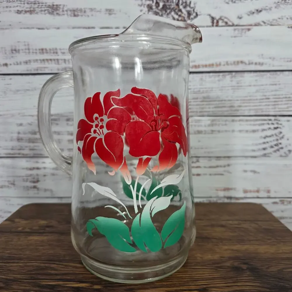 VTG Clear Glass Pitchers Floral Design Red White Flowers Ice Lip